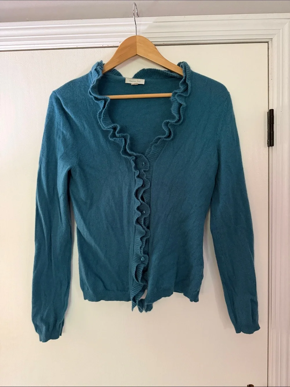 Garnet Hill 100% cashmere Ruffle cardigan size small Teal B161